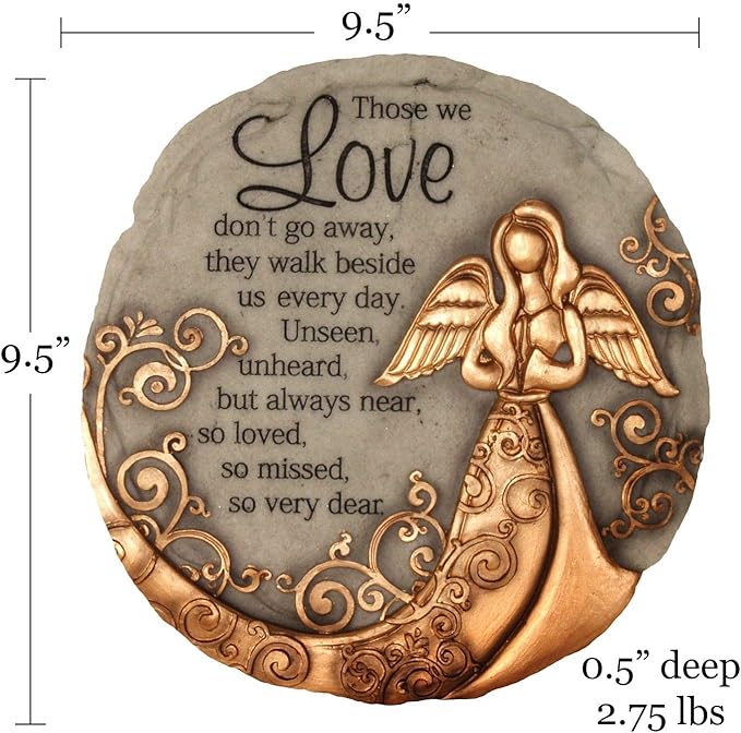 Round angel memorial garden stone, 9.5 inches wide and tall, with bronze details