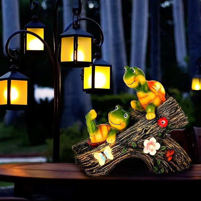 Solar Turtle Garden Statue with Two Turtles on a Slide and 4 LED Lights - Resin Outdoor Decor