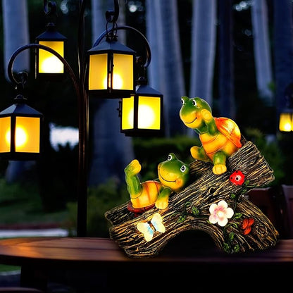 Solar Turtle Garden Statue with Two Turtles on a Slide and 4 LED Lights - Resin Outdoor Decor