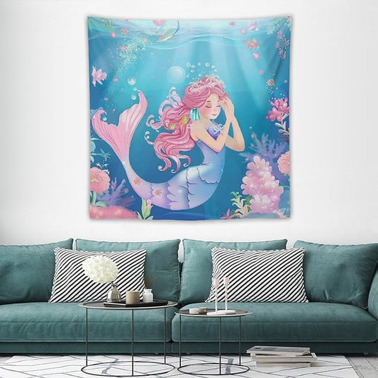 Floral Mermaid Princess Wall Tapestry – 60" x 60" Square Watercolour Flowers & Blessing Design | Symmetrical Girls Bedroom Nursery | Wall Hanging
