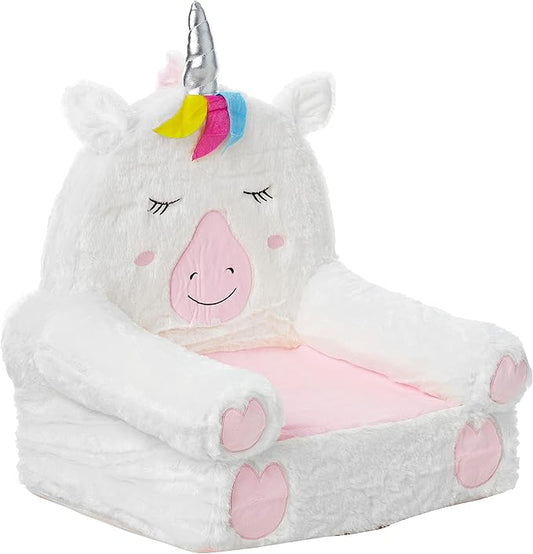 White unicorn plush toddler chair with pink seat cushion, rainbow mane and horn, heart paw pads
