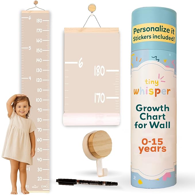 Kids height growth wall chart with wooden ends and rope top, with child and marker