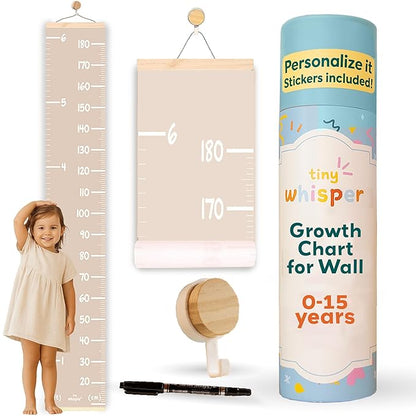 Kids height growth wall chart with wooden ends and rope top, with child and marker