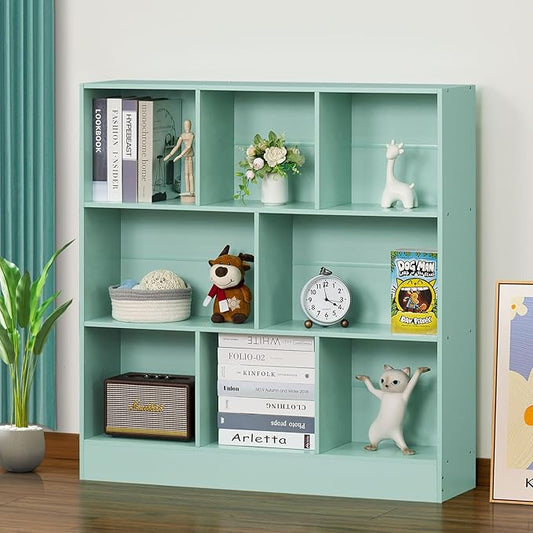 Mint Green 8-Cube Bookshelf with Elevated Base - Wide 3-Tier Display Bookcase for Kids Room, Nursery, and Living Room