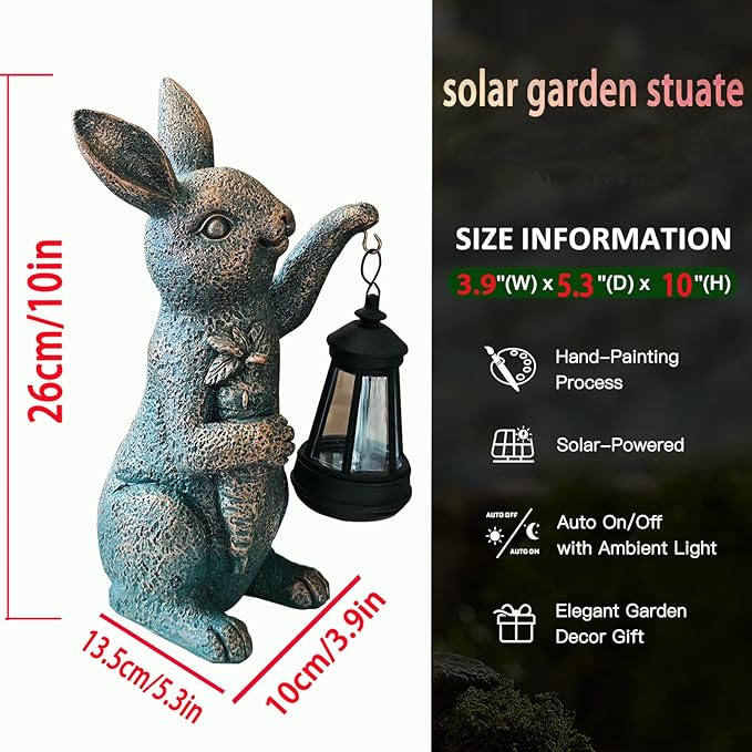 Solar Rabbit Garden Statue Holding Lantern and Carrot - Resin Outdoor Decor