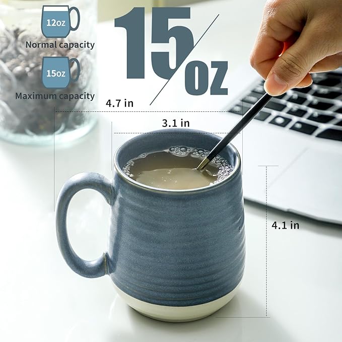 Deep Blue Colorblocking Ceramic Coffee Mugs – Set of 6 | 15oz Modern Design | Home & Office | Dishwasher & Microwave Safe