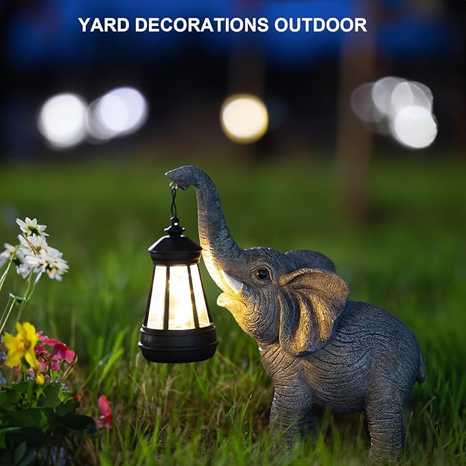 Solar Elephant Garden Statue with Lantern - IP65 Good Luck Resin Outdoor Decor