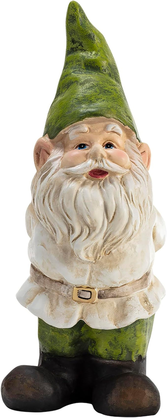Green-and-white garden gnome yard statue with pointed hat, long white beard, and boots