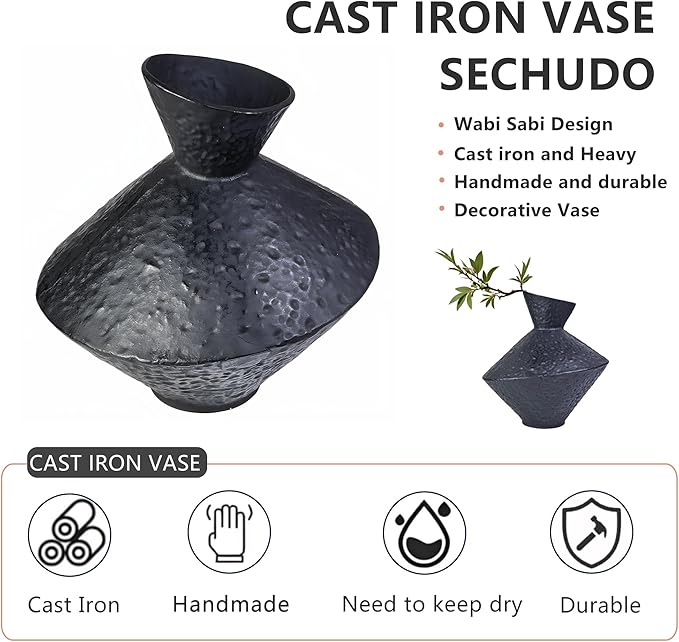 Dark hammered cast iron vase with angled neck, bottle-shaped silhouette