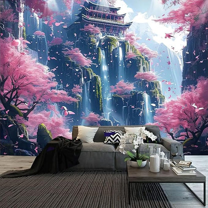 Japanese Cherry Blossom Tapestry – 59"x39" Small | HD Print Pink Sakura Mountain Waterfall Fairytale | Asian Aesthetic Wall Hanging Accent