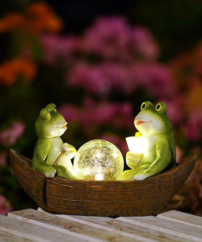 Solar Frogs in a Boat Garden Statue - IP44 Waterproof Resin Outdoor Sculpture and Yard Decor