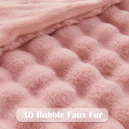 Pink Bubble Faux Fur Queen Blanket – 90"x90" | 550GSM Reversible Plush Rabbit Fluff | Glamorous Bubble Pattern Throw for Bed & Sofa