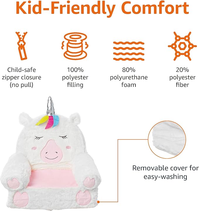 White unicorn plush toddler chair with pink face cushion and rainbow mane horn, soft stuffed texture