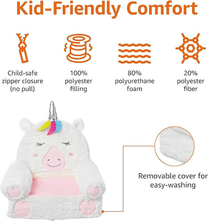 White unicorn plush toddler chair with pink face cushion and rainbow mane horn, soft stuffed texture