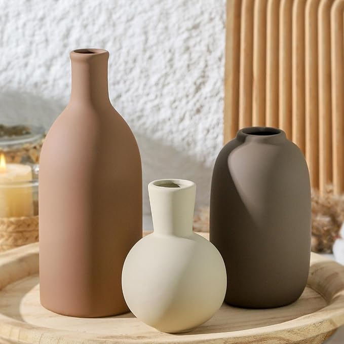Set of 3 matte ceramic vases: tall terracotta brown, round cream, dark gray bottle