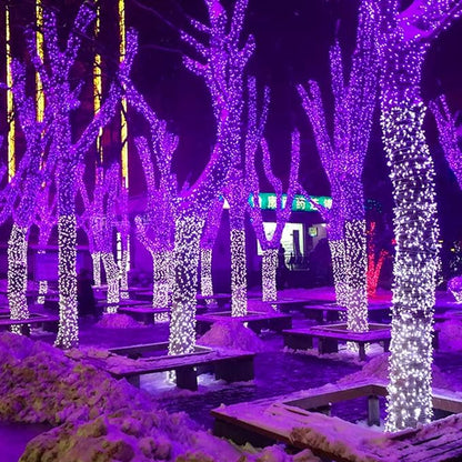 Purple LED tree string lights forming tall cascading rows along outdoor steps