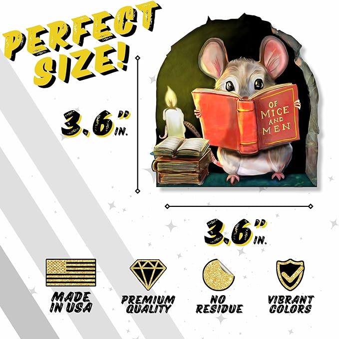 Mouse reading wall sticker with red book: beige mouse in arched green frame