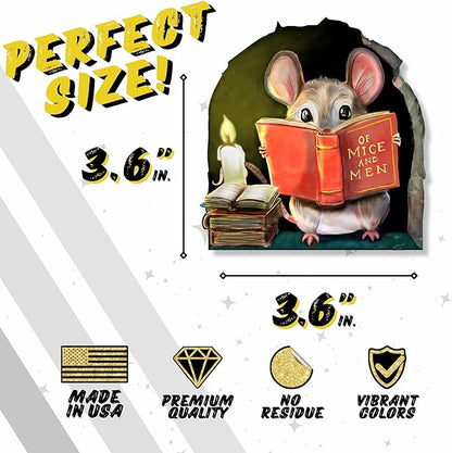 Mouse reading wall sticker with red book: beige mouse in arched green frame