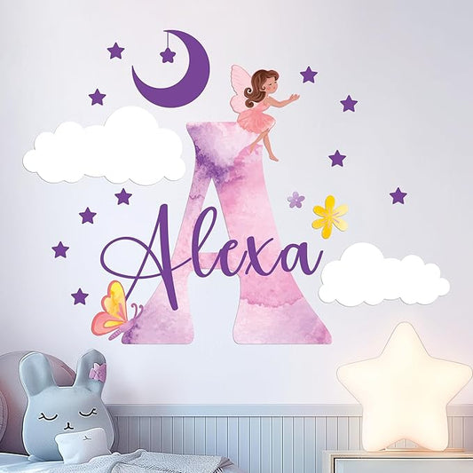 Custom fairy name wall decal with pink letter A, moon, clouds, stars, butterflies