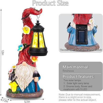 TIJNN Solar Garden Gnome Statue with Lantern, Dwarf Gardener Outdoor Decor for Patio, Yard, Porch Garden Gifts