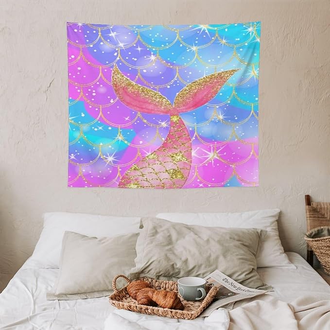 Mermaid Scales Wall Tapestry – 60" x 50" Colourful Shiny Mermaid Tail Pattern | Mid-Size Bold Wall Hanging | Bedroom Living Room Dorm