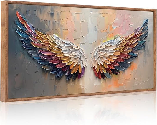 Aurlan Angel Wings Hand Painted Framed Wall Decor(40"x20"), Large Abstract Colorful Feather 3D Textured Oil Painting Canvas Artwork, Modern Contemporary Inspirational Wall Art for Living Room Bedroom