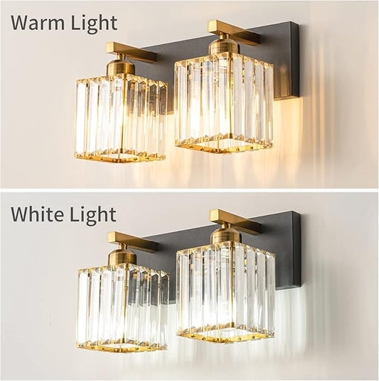 Two-light crystal vanity wall light with black backplates and gold hardware