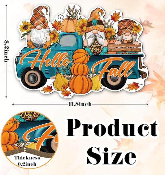 Hanging gnome truck ornament with Hello Fall text; includes size and thickness info