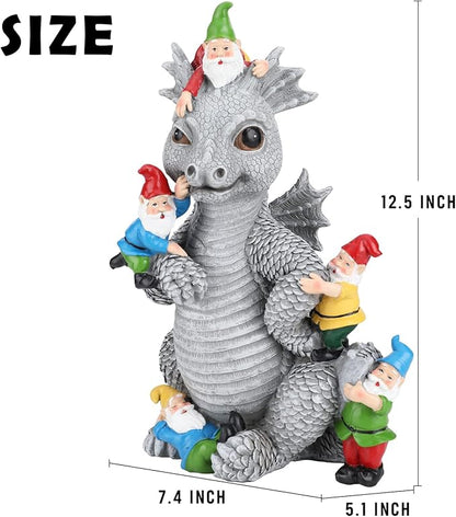 Light gray dragon gnome statue with red-capped gnomes, size shown with inches