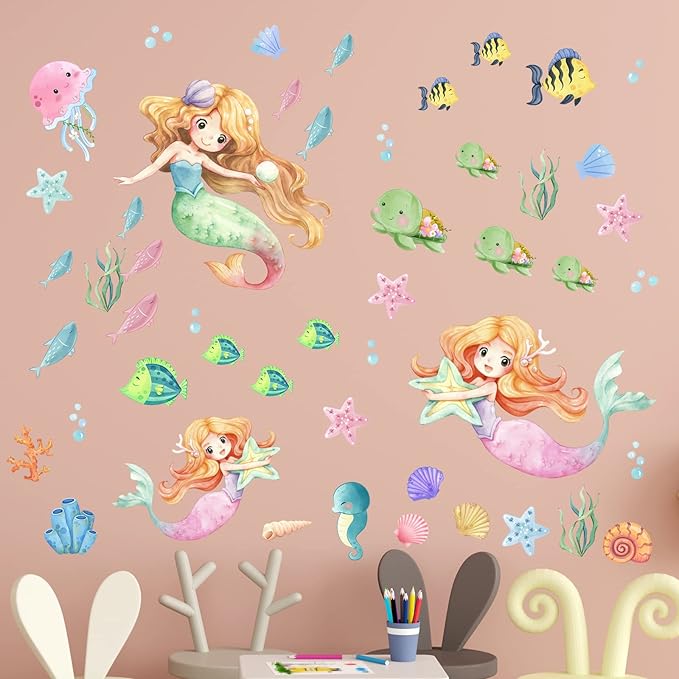 Glow in the Dark Mermaid Wall Decals – 68 Pcs Ocean Stickers | Mermaid Turtle Seahorse Jellyfish Starfish | Peel & Stick Ceiling Wall | Nursery Playroom Bedroom Gift