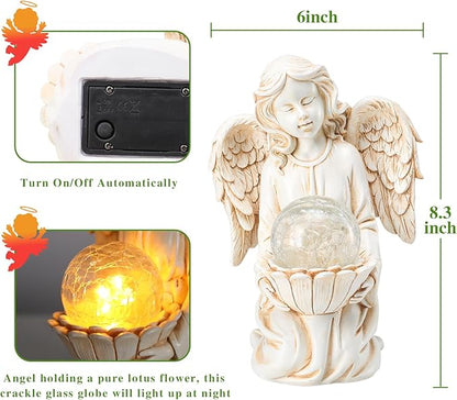 Solar Angel Garden Statue Holding Lotus with Crackle Glass Globe - UV-Resistant Resin Outdoor Decor