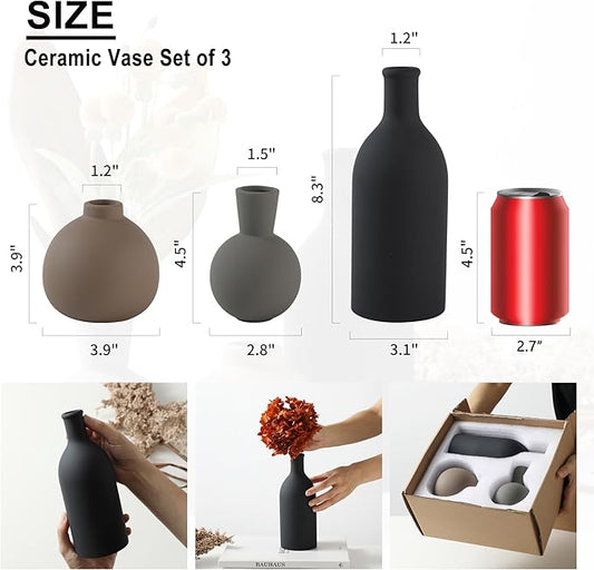 Three ceramic vases in matte black, taupe, and beige with varying heights shown.