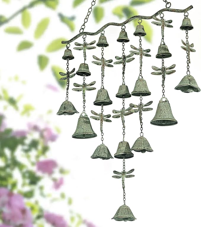 Verdigris wrought-iron wind chime with dragonfly ornaments and hanging bell rows