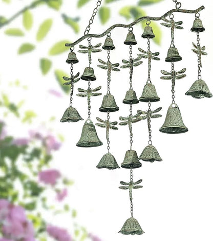 Verdigris wrought-iron wind chime with dragonfly ornaments and hanging bell rows