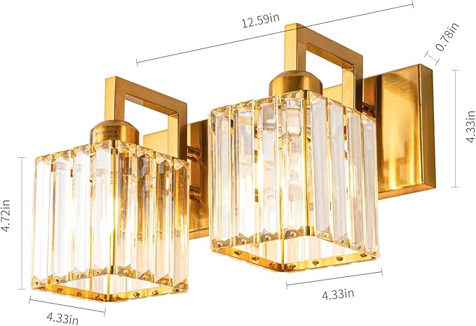 Gold 2-light vanity light with clear crystal shades, shown with size dimensions