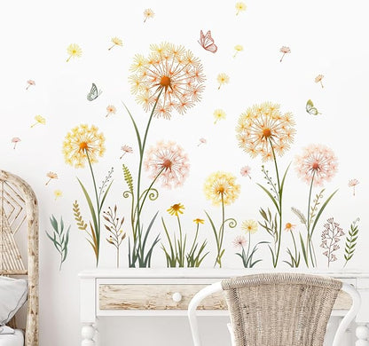 Gold and pastel dandelion flower wall decals with tiny butterflies and stems, peel-and-stick vinyl