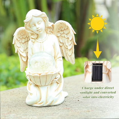 Solar Angel Garden Statue Holding Lotus with Crackle Glass Globe - UV-Resistant Resin Outdoor Decor