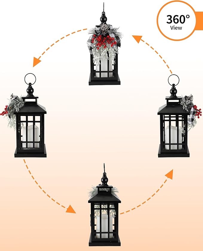 Black metal Christmas lantern with faux flameless candle and wreath decor, 360-degree view