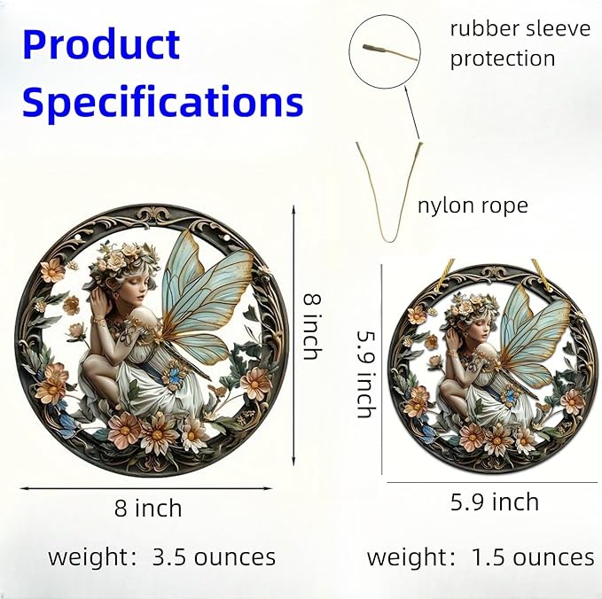 Fairy ornament size chart with hanging cord, measurements, and weight