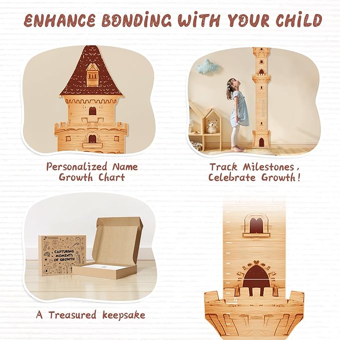 Personalized castle growth chart set with milestone graphics and keepsake packaging