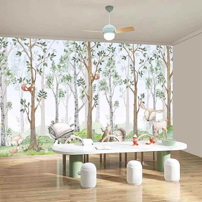 Kids' Watercolor Forest Cartoon Animal Wall Mural, 170 x 110 Inches – Nursery & Boys' or Girls' Bedroom Wallpaper, 8 Panels, Not Peel and Stick