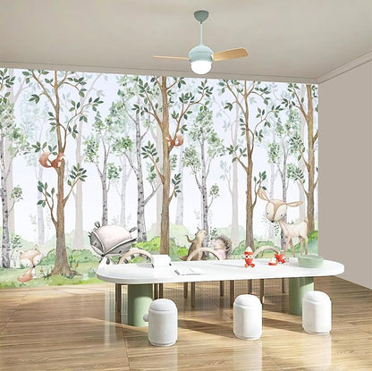 Kids' Watercolor Forest Cartoon Animal Wall Mural, 170 x 110 Inches – Nursery & Boys' or Girls' Bedroom Wallpaper, 8 Panels, Not Peel and Stick