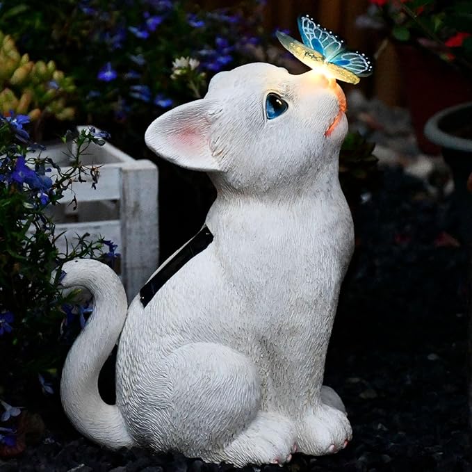 Cat Solar Garden Statue with LED Lights - Outdoor Resin Decor