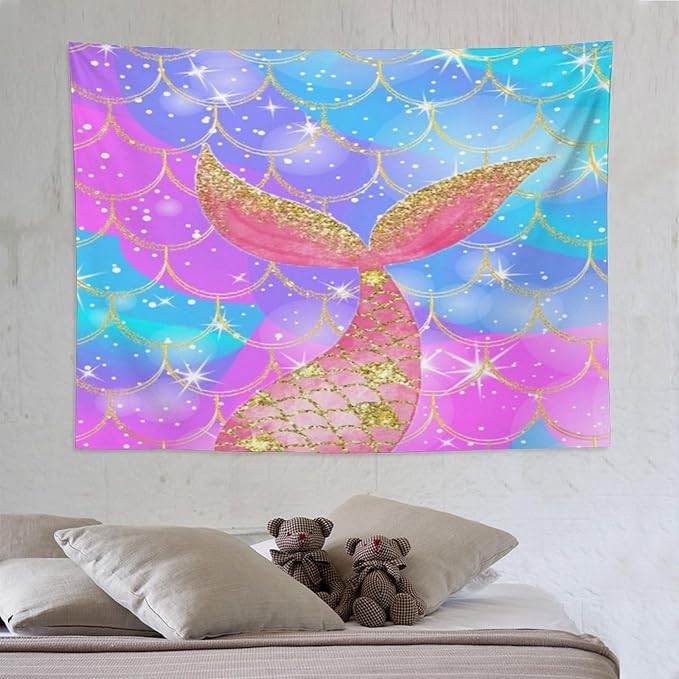 Mermaid Scales Wall Tapestry – 80" x 60" Colourful Shiny Mermaid Tail Pattern | Large Landscape Wall Hanging | Bedroom Living Room Dorm