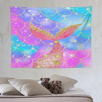Mermaid Scales Wall Tapestry – 80" x 60" Colourful Shiny Mermaid Tail Pattern | Large Landscape Wall Hanging | Bedroom Living Room Dorm