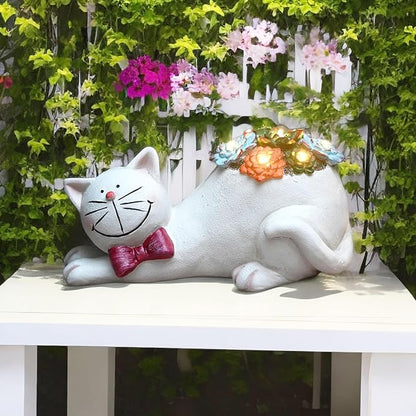 Cat Solar Garden Statue with Succulent and LED Lights - Waterproof Resin Outdoor Decor