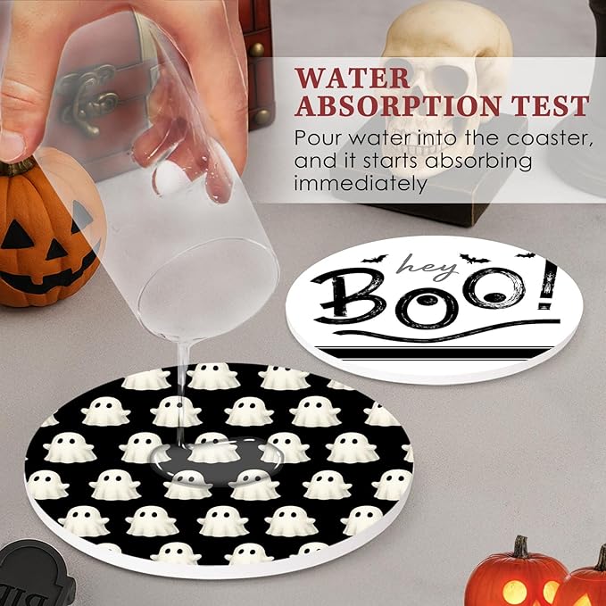 Halloween ceramic coaster set: “hey Boo!” and white ghosts on black with cork backing