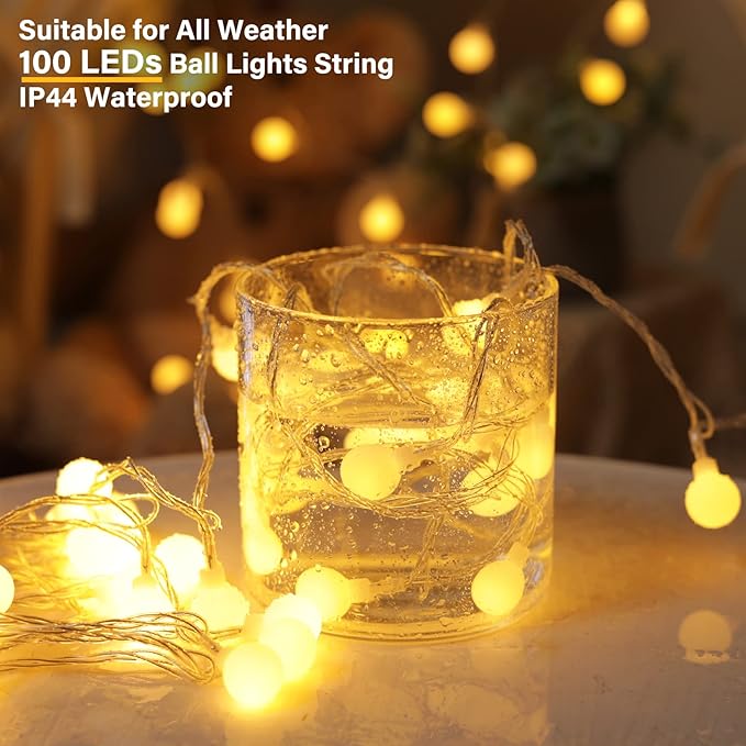 Warm White Globe String Lights – 33ft 100 LED | IP44 Waterproof | Remote Timer Dimmer 8 Modes | Indoor Outdoor Bedroom Party Wedding Garden RV Canopy