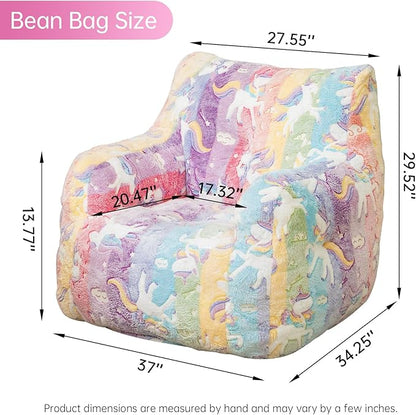 Rainbow Unicorn Bean Bag Armchair - Pastel Cloud Print Memory Foam Chair with Washable Cover for Kids Room, Reading, and Magical Family Moments