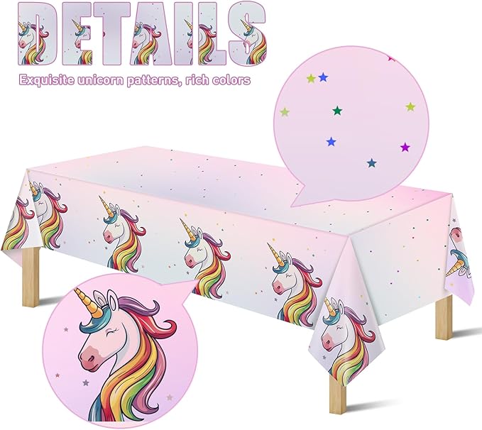 Pink unicorn plastic tablecloth with rainbow unicorns and star pattern along the edge
